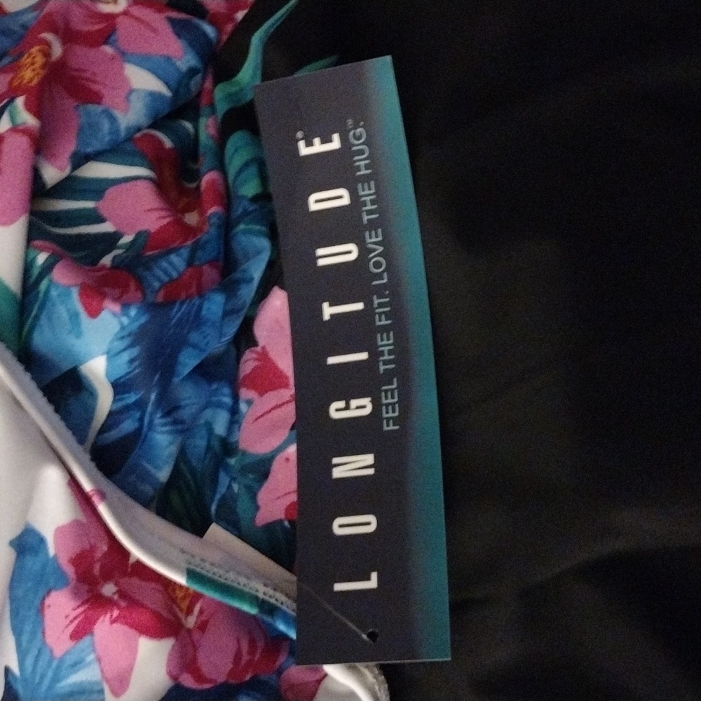 Longitude Black White Pink Floral Scoopback Highneck Long Torso One-Piece 22W - Picture 4 of 8
